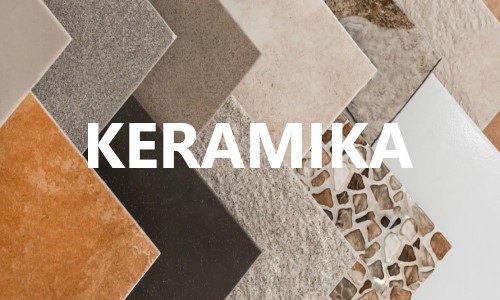 Vzorník keramických obkladov v rôznych farbách a vzoroch s nápisom KERAMIKA, materiál na gravírovanie z Gravart.sk